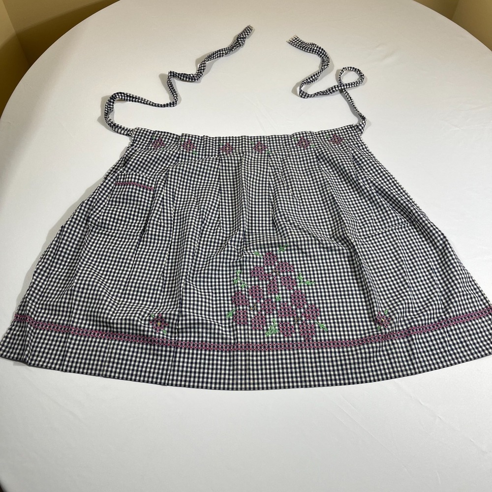 Vintage Hand Embroidered Gingham Half Apron Navy Blue White Cottagecore Pocket